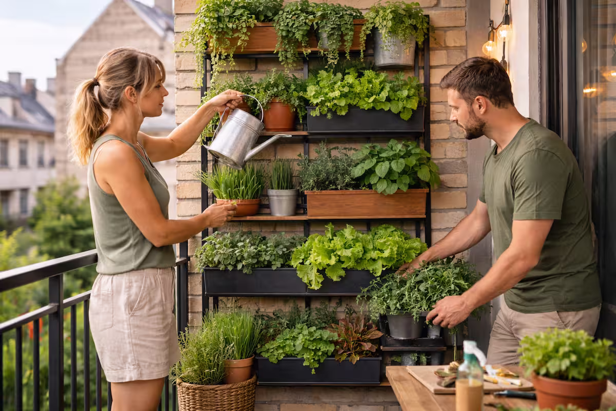 Balkon-Wandgarten auf einem Stadtbalkon mit vertikalem Pflanzregal, Kräutern und Salat, während zwei Personen die Pflanzen pflegen
