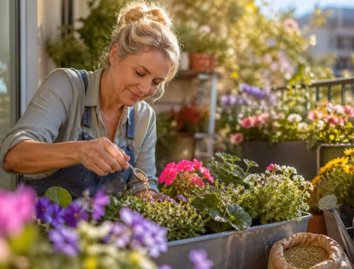 Balkonpflanzen düngen wann sinnvoll – Person düngt blühende Balkonpflanzen in Blumenkästen auf einem sonnigen Balkon mit Granulatdünger