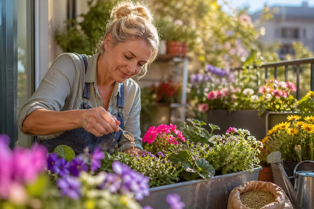 Balkonpflanzen düngen wann sinnvoll – Person düngt blühende Balkonpflanzen in Blumenkästen auf einem sonnigen Balkon mit Granulatdünger