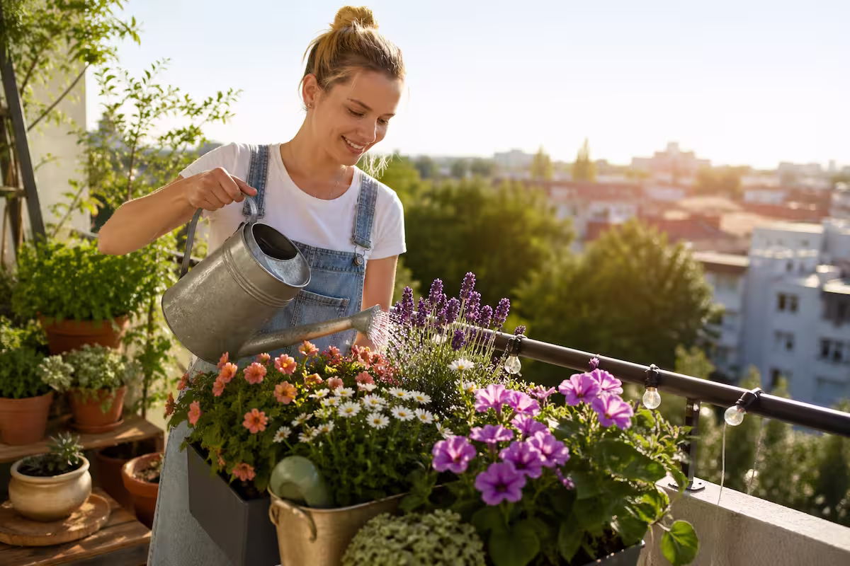 Frau gießt Balkonpflanzen mit Gießkanne bei warmem Sonnenlicht auf einem bepflanzten Balkon – Balkonpflanzen gießen: 7 einfache Regeln für gesunde Pflanzen