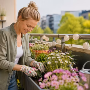 Balkonpflege im Frühling ohne Stress – Person bepflanzt Blumenkasten auf einem Balkon mit frischen Frühlingsblumen, Gartenhandschuhen und Gießkanne bei Tageslicht