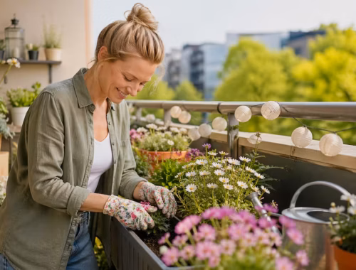 Balkonpflege im Frühling ohne Stress – Person bepflanzt Blumenkasten auf einem Balkon mit frischen Frühlingsblumen, Gartenhandschuhen und Gießkanne bei Tageslicht