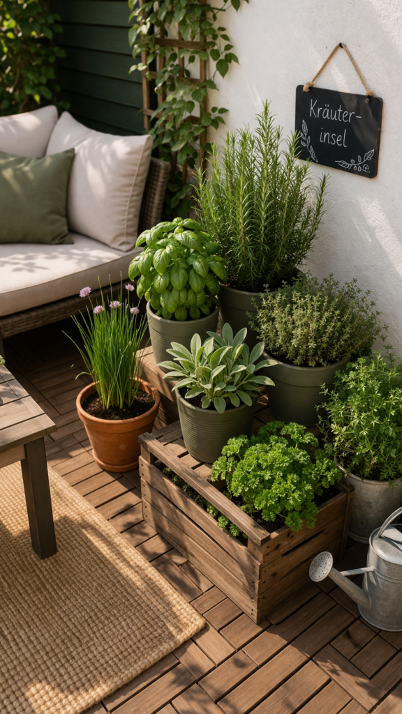 Kleine Terrasse mit geordneter Kräuterinsel neben einem Sitzplatz, abgestimmte Töpfe in Grün- und Brauntönen, Blick leicht von oben