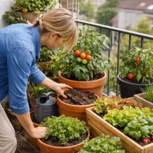 Gemüse im Topf auf einem Balkon: Person prüft trockene Erde bei Tomatenpflanzen zwischen Salat und Kräutern in verschiedenen Töpfen