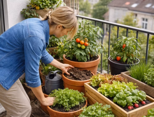 Gemüse im Topf auf einem Balkon: Person prüft trockene Erde bei Tomatenpflanzen zwischen Salat und Kräutern in verschiedenen Töpfen
