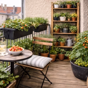 Urban Gardening Balkon auf kleinem Raum mit Pflanzregal, Kräuterkästen am Geländer und großem Tomatentopf neben Sitzplatz