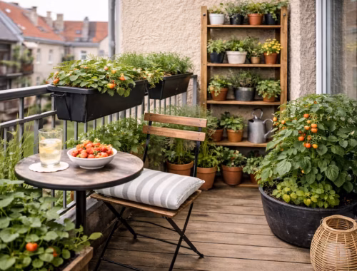 Warum ein Urban Gardening Balkon auch auf engem Raum funktioniert 15 Urban Gardening Balkon auf kleinem Raum mit Pflanzregal, Kräuterkästen am Geländer und großem Tomatentopf neben Sitzplatz
