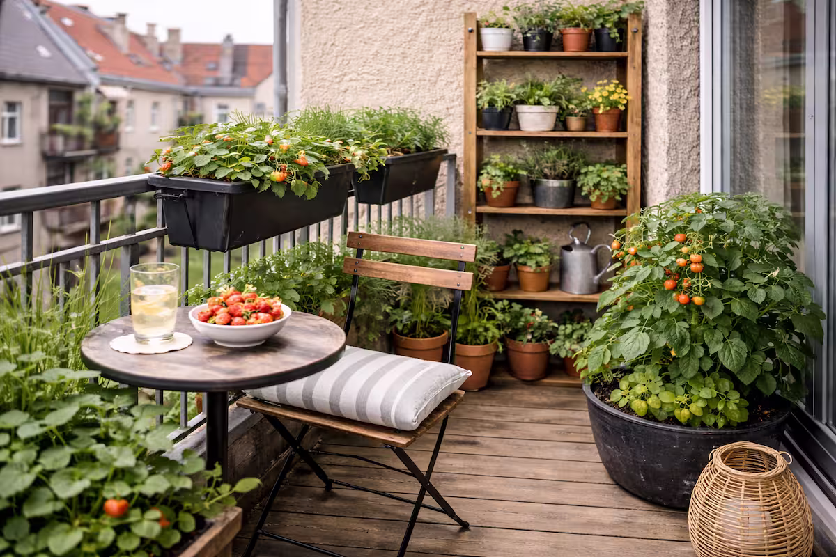 Urban Gardening Balkon auf kleinem Raum mit Pflanzregal, Kräuterkästen am Geländer und großem Tomatentopf neben Sitzplatz