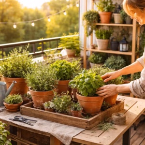Kräuter dekorieren auf Balkon und Terrasse: Person arrangiert frische Kräuter in Terrakotta-Töpfen auf einem Holztisch, umgeben von Pflanzen, Gießkanne und Balkonregal im warmen Sonnenlicht
