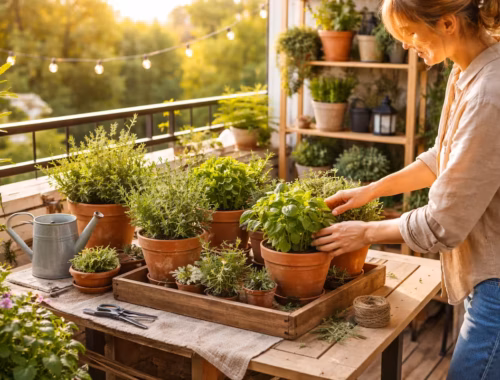 Kräuter dekorieren auf Balkon und Terrasse: Person arrangiert frische Kräuter in Terrakotta-Töpfen auf einem Holztisch, umgeben von Pflanzen, Gießkanne und Balkonregal im warmen Sonnenlicht