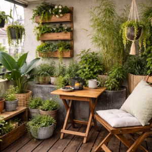 Mini-Urban-Jungle auf kleinem Balkon mit dicht angeordneten Pflanzen, vertikaler Begrünung und gemütlichem Sitzplatz in urbaner Umgebung