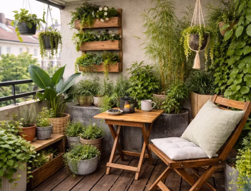 Mini-Urban-Jungle auf kleinem Balkon mit dicht angeordneten Pflanzen, vertikaler Begrünung und gemütlichem Sitzplatz in urbaner Umgebung