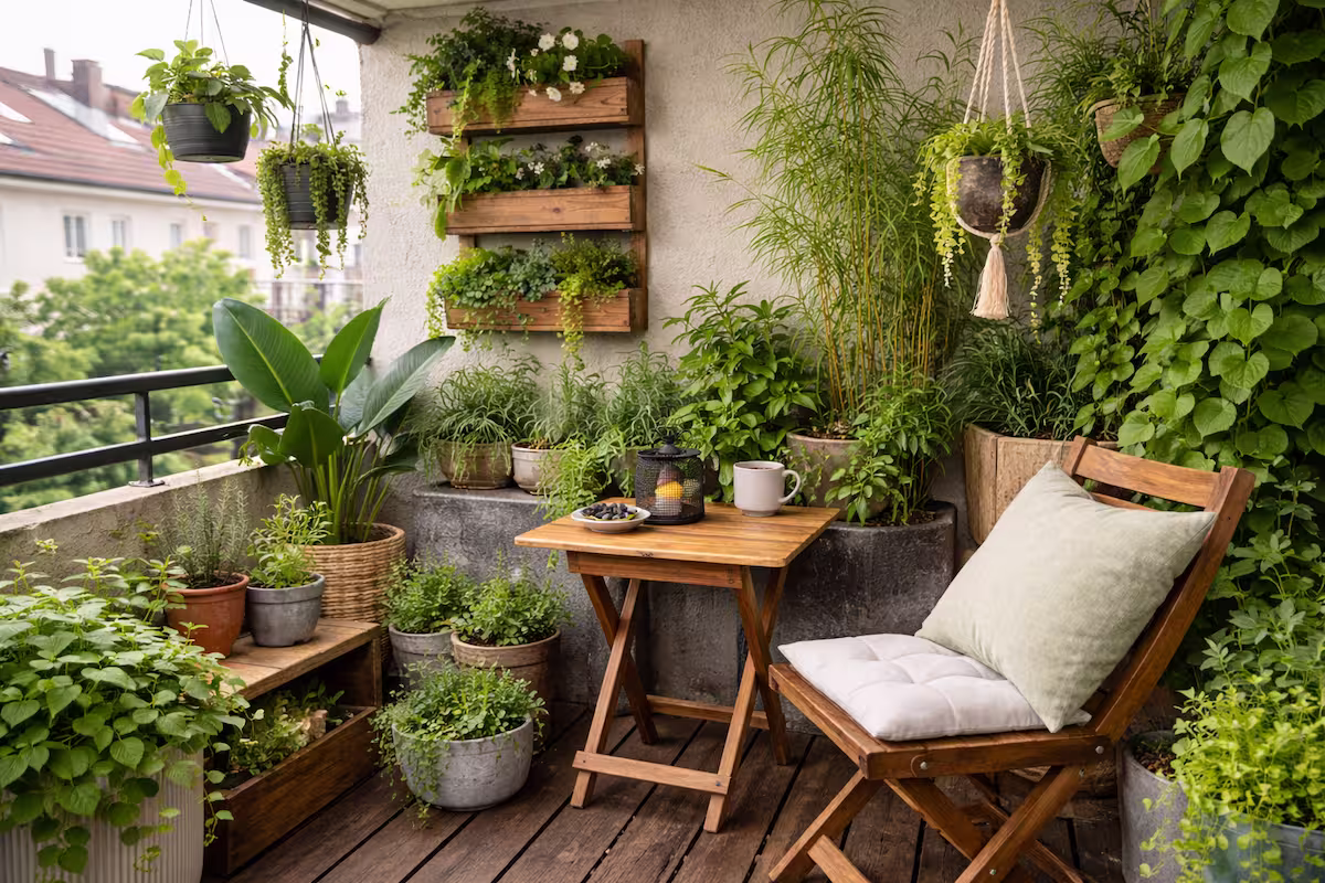 Mini-Urban-Jungle auf kleinem Balkon mit dicht angeordneten Pflanzen, vertikaler Begrünung und gemütlichem Sitzplatz in urbaner Umgebung