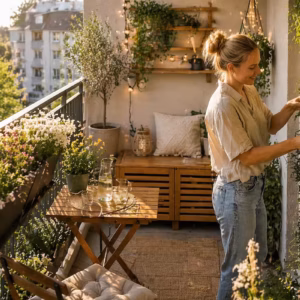 Kleiner Balkon mit vertikalem Garten, klappbaren Möbeln und klarer Struktur, um effektiv Platz sparen zu können