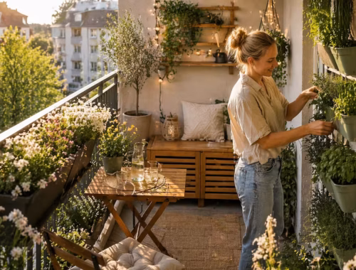 Kleiner Balkon mit vertikalem Garten, klappbaren Möbeln und klarer Struktur, um effektiv Platz sparen zu können