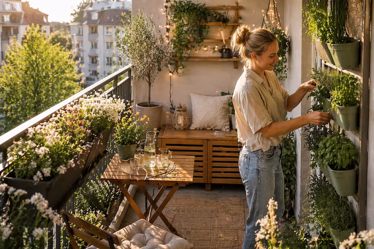 Kleiner Balkon mit vertikalem Garten, klappbaren Möbeln und klarer Struktur, um effektiv Platz sparen zu können