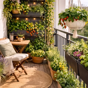 Platzsparende Pflanzen auf kleinem Balkon mit vertikaler Bepflanzung, Kräutern, Erdbeeren und Rankpflanzen in sonniger Umgebung