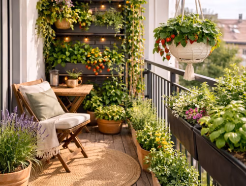 Platzsparende Pflanzen auf kleinem Balkon mit vertikaler Bepflanzung, Kräutern, Erdbeeren und Rankpflanzen in sonniger Umgebung