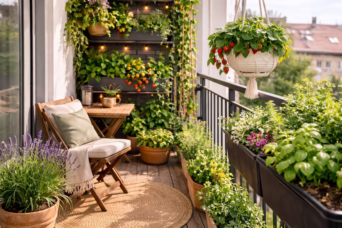 Platzsparende Pflanzen auf kleinem Balkon mit vertikaler Bepflanzung, Kräutern, Erdbeeren und Rankpflanzen in sonniger Umgebung