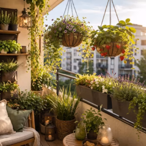 Kleiner Balkon mit hängenden Pflanzlösungen, bepflanzt mit Blumen, Kräutern und Erdbeeren in Ampeln, Geländerkästen und Wandpflanzern bei warmem Tageslicht