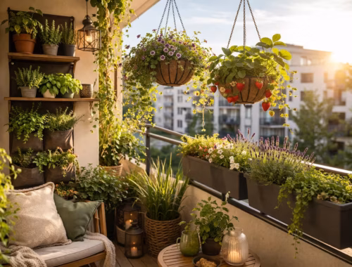 Kleiner Balkon mit hängenden Pflanzlösungen, bepflanzt mit Blumen, Kräutern und Erdbeeren in Ampeln, Geländerkästen und Wandpflanzern bei warmem Tageslicht