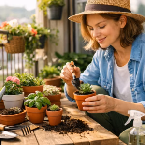 Frau pflegt kleine Töpfe auf dem Balkon, kleine Töpfe pflegen ohne dass Pflanzen eingehen Balkon, mit Erde, Gießkanne und verschiedenen Balkonpflanzen in natürlicher Umgebung