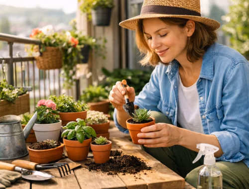 Frau pflegt kleine Töpfe auf dem Balkon, kleine Töpfe pflegen ohne dass Pflanzen eingehen Balkon, mit Erde, Gießkanne und verschiedenen Balkonpflanzen in natürlicher Umgebung