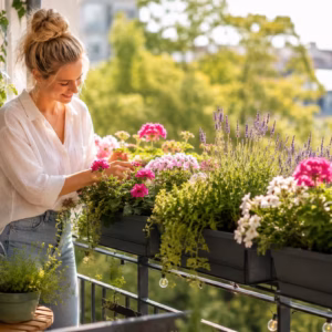 Frau bepflanzt moderne Balkonkästen im Sommer mit Lavendel, Geranien und Kräutern auf einem sonnigen Stadtbalkon