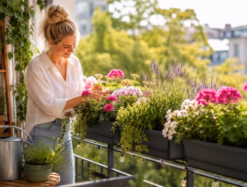 Frau bepflanzt moderne Balkonkästen im Sommer mit Lavendel, Geranien und Kräutern auf einem sonnigen Stadtbalkon