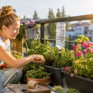 Frau richtet auf einem sonnigen Balkon eine einfache DIY Bewässerung Balkon mit umgedrehter Wasserflasche für bepflanzte Blumenkästen ein