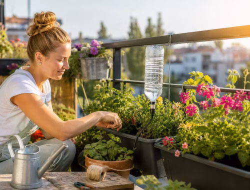 Frau richtet auf einem sonnigen Balkon eine einfache DIY Bewässerung Balkon mit umgedrehter Wasserflasche für bepflanzte Blumenkästen ein