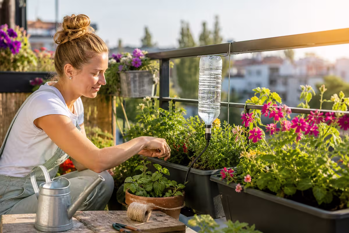 Frau richtet auf einem sonnigen Balkon eine einfache DIY Bewässerung Balkon mit umgedrehter Wasserflasche für bepflanzte Blumenkästen ein