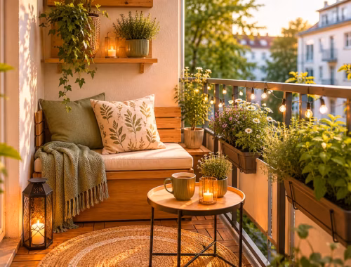 Kleine Balkonsitzecke gestalten: Ideen für wenig Platz 38 Kleine Balkonsitzecke gestalten mit Holzbank, Pflanzen, Lichterkette und platzsparender Balkon-Deko auf schmalem Balkon im Abendlicht