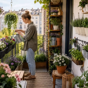 Kleiner Balkon mit platzsparenden Pflanzideen, Geländerkästen, Hängeampeln, Kräutertöpfen und vertikalem Pflanzenregal in einer urbanen Balkonszene.