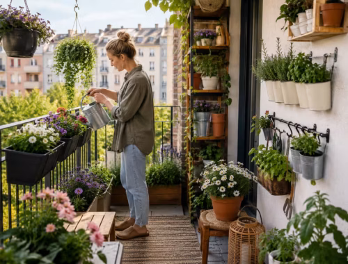 Kleiner Balkon mit platzsparenden Pflanzideen, Geländerkästen, Hängeampeln, Kräutertöpfen und vertikalem Pflanzenregal in einer urbanen Balkonszene.