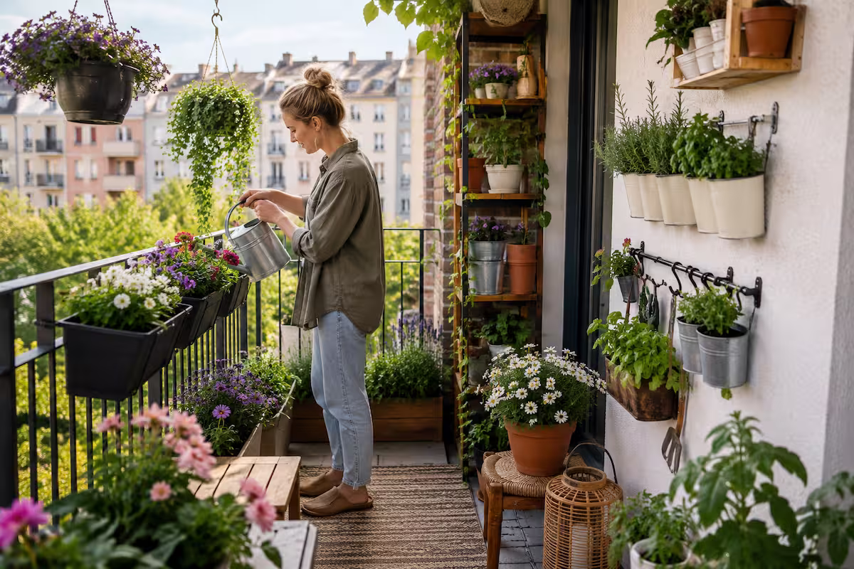 Kleiner Balkon mit platzsparenden Pflanzideen, Geländerkästen, Hängeampeln, Kräutertöpfen und vertikalem Pflanzenregal in einer urbanen Balkonszene.