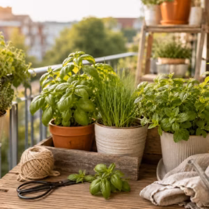 3 Töpfe mit Kräutern auf einem Balkon