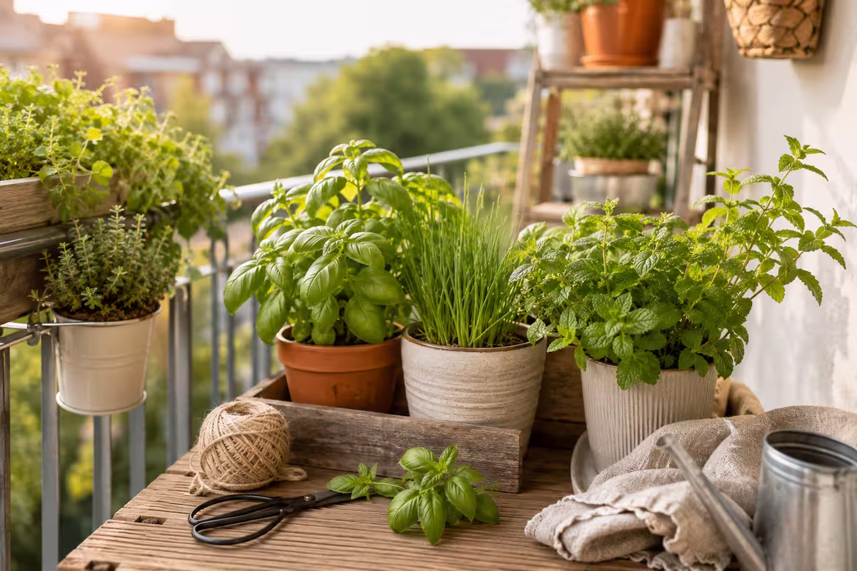 3 Töpfe mit Kräutern auf einem Balkon