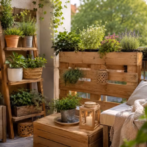 Gemütlicher Balkon mit Balkon Deko aus Holz, Holzregalen, Paletten-Pflanzkasten, Kräutern, Blumen und natürlichen Dekoelementen in warmer Abendsonne.