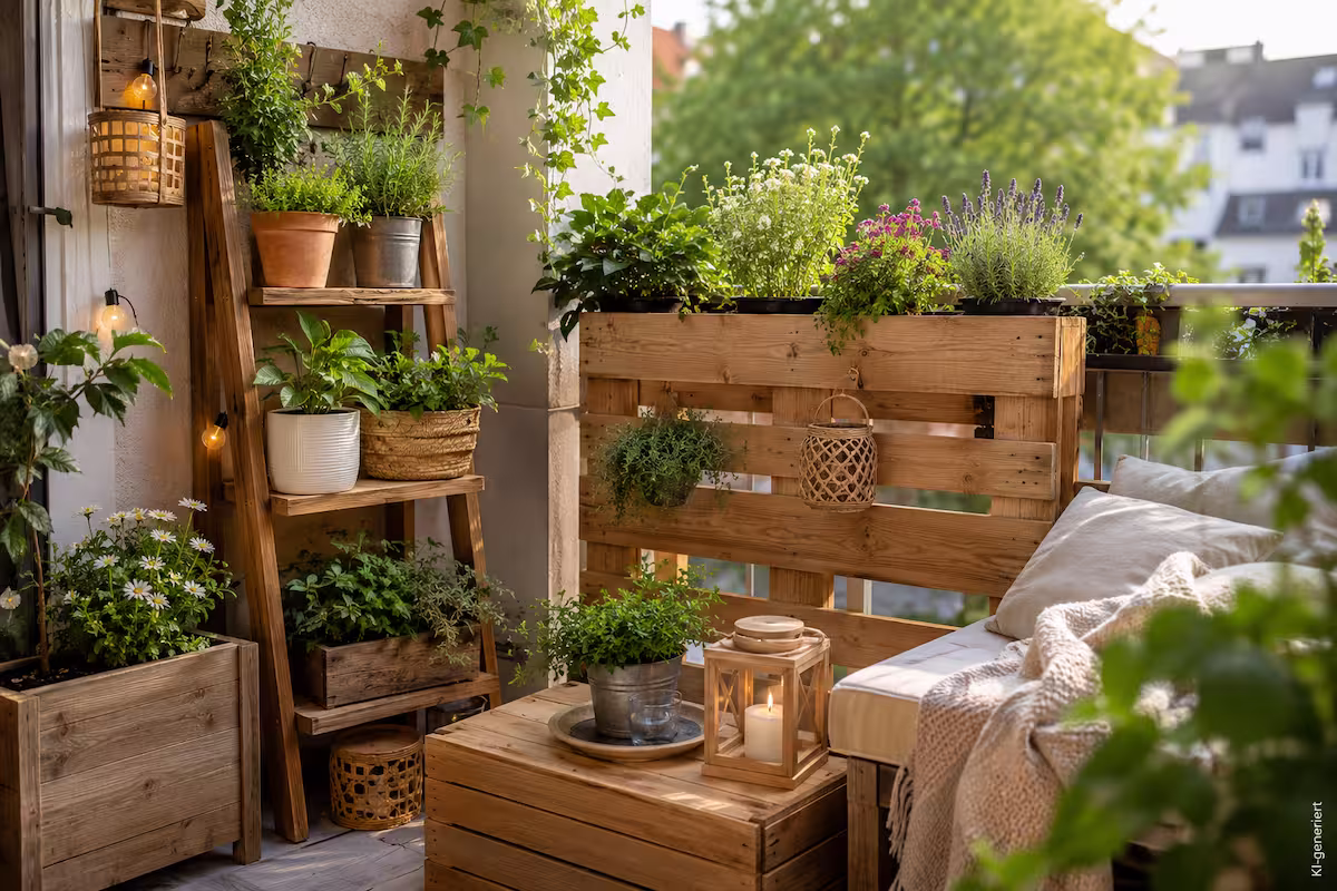 Gemütlicher Balkon mit Balkon Deko aus Holz, Holzregalen, Paletten-Pflanzkasten, Kräutern, Blumen und natürlichen Dekoelementen in warmer Abendsonne.