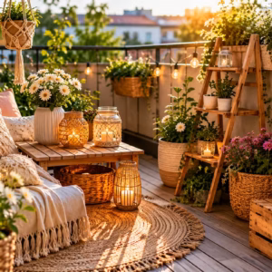 Balkon Deko selber machen auf einem gemütlichen Balkon mit DIY-Pflanzgefäßen, Makramee-Hängedeko, Holzregal, Windlichtern, Lichterkette und blühenden Pflanzen in natürlicher Boho-Optik.t.