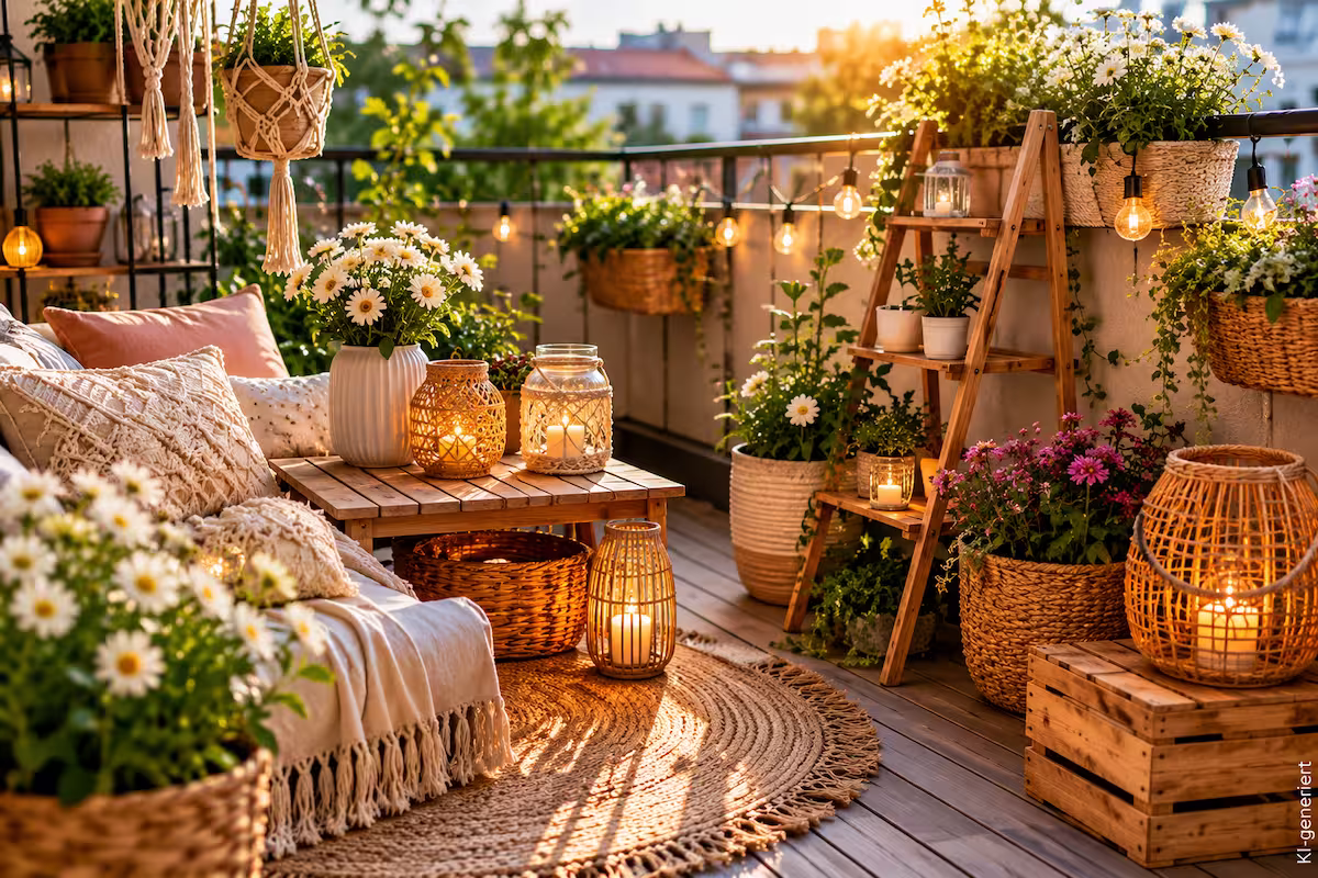 Balkon Deko selber machen auf einem gemütlichen Balkon mit DIY-Pflanzgefäßen, Makramee-Hängedeko, Holzregal, Windlichtern, Lichterkette und blühenden Pflanzen in natürlicher Boho-Optik.t.
