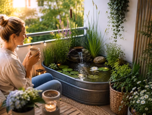 Balkon Mini-Teich anlegen: Gemütliche Balkonecke mit Mini-Teich in einer Zinkwanne, Wasserpflanzen, kleiner Wasserquelle und Sitzplatz, gestaltet als grüne Wasseroase auf einem Balkon.