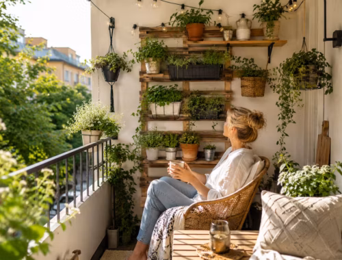 Balkon Wanddeko auf kleinem Stadtbalkon mit vertikaler Pflanzenwand aus Holzregalen, Hängeampeln, Kräutern und gemütlicher Sitzecke, die zusätzlichen Platz schafft und den Balkon funktional gestaltet.