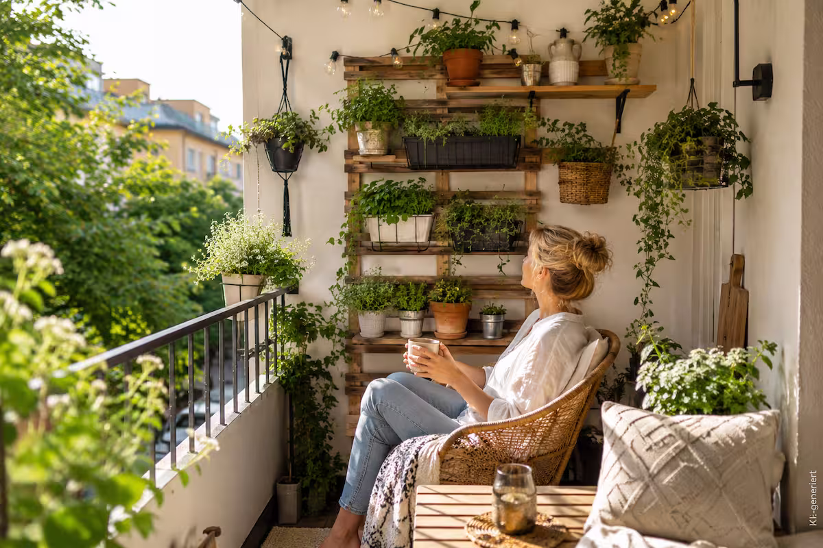 Balkon Wanddeko auf kleinem Stadtbalkon mit vertikaler Pflanzenwand aus Holzregalen, Hängeampeln, Kräutern und gemütlicher Sitzecke, die zusätzlichen Platz schafft und den Balkon funktional gestaltet.