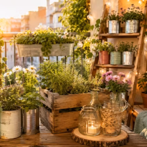 Upcycling Balkon mit bepflanzten Konservendosen, rustikaler Holzkiste und dekorativen Gläsern auf einem gemütlich gestalteten Stadtbalkon mit Kräutern, Blumen und alter Holzleiter im warmen Abendlicht.