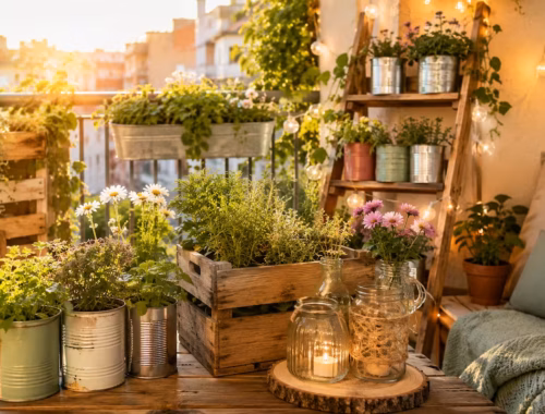 Upcycling Balkon gestalten mit Dosen, Kisten und Gläsern 35 Upcycling Balkon mit bepflanzten Konservendosen, rustikaler Holzkiste und dekorativen Gläsern auf einem gemütlich gestalteten Stadtbalkon mit Kräutern, Blumen und alter Holzleiter im warmen Abendlicht.