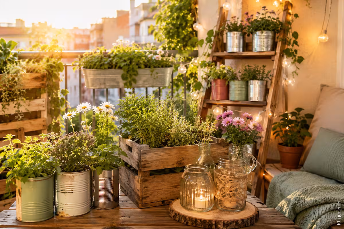 Upcycling Balkon mit bepflanzten Konservendosen, rustikaler Holzkiste und dekorativen Gläsern auf einem gemütlich gestalteten Stadtbalkon mit Kräutern, Blumen und alter Holzleiter im warmen Abendlicht.
