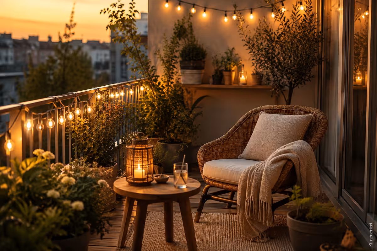 Balkonidee zum Thema: Wie du deinen Balkon mit Lichterketten gemütlich gestaltest
