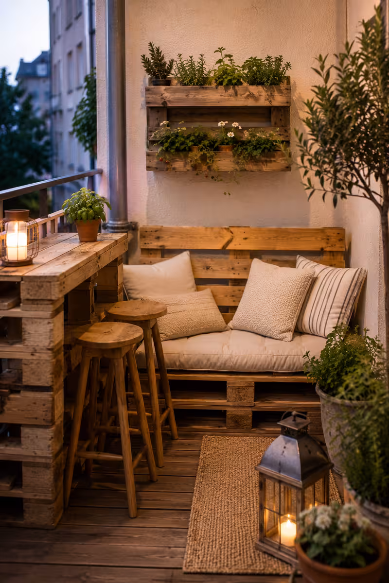 Paletten Balkon gestalten: Bank, Bar und Pflanzkasten bauen 5 Paletten Balkon Bild3 als praktische Szene